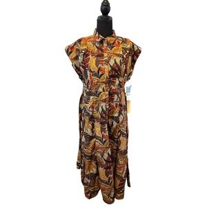 Live 4 Truth Women Tropical Leaf Print Midi Shirt Dress Brown M Island NWT
